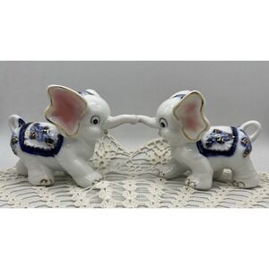 Vintage‎ 1940's Blue White Gold Gzhel Style Porcelain Kissing Elephant Figurines